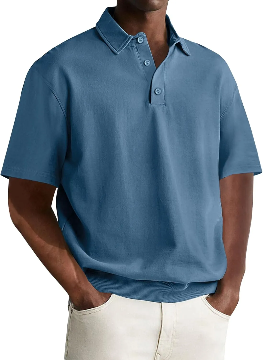 Men's Polo Shirts Short Sleeve Casual Banded Bottom Stretch Button Down Classic Golf Shirts Collared T-Shirt