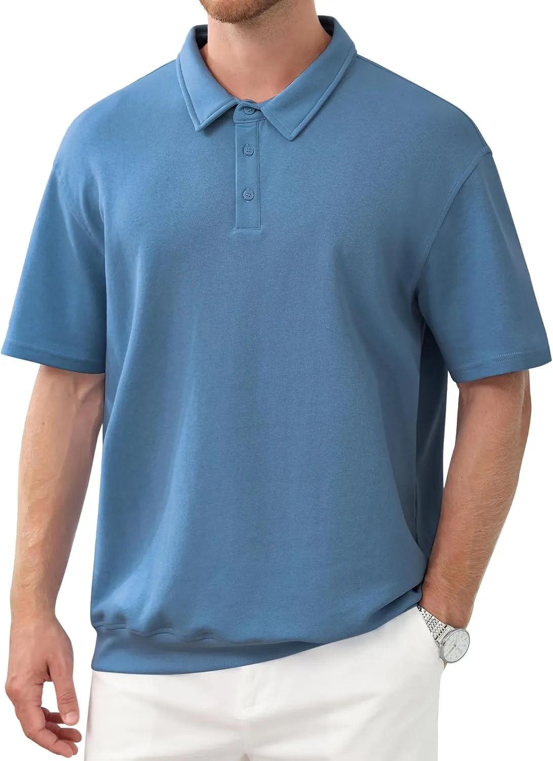 Men's Polo Shirts Short Sleeve Casual Banded Bottom Stretch Button Down Classic Golf Shirts Collared T-Shirt