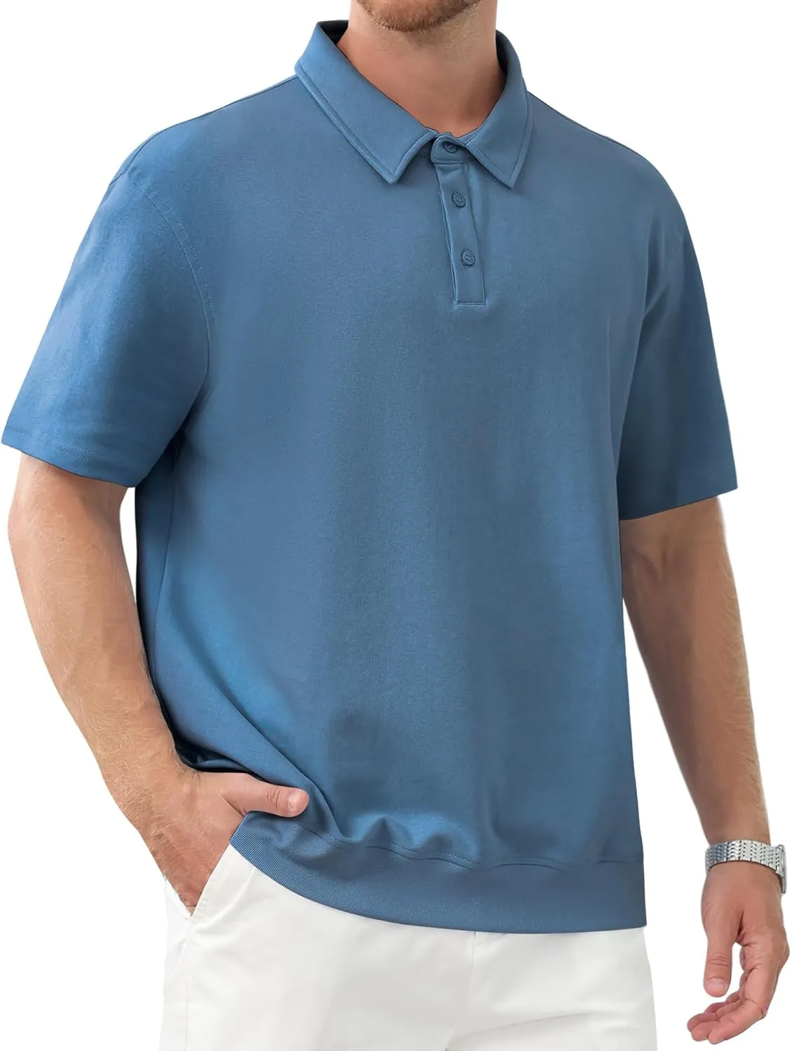 Men's Polo Shirts Short Sleeve Casual Banded Bottom Stretch Button Down Classic Golf Shirts Collared T-Shirt
