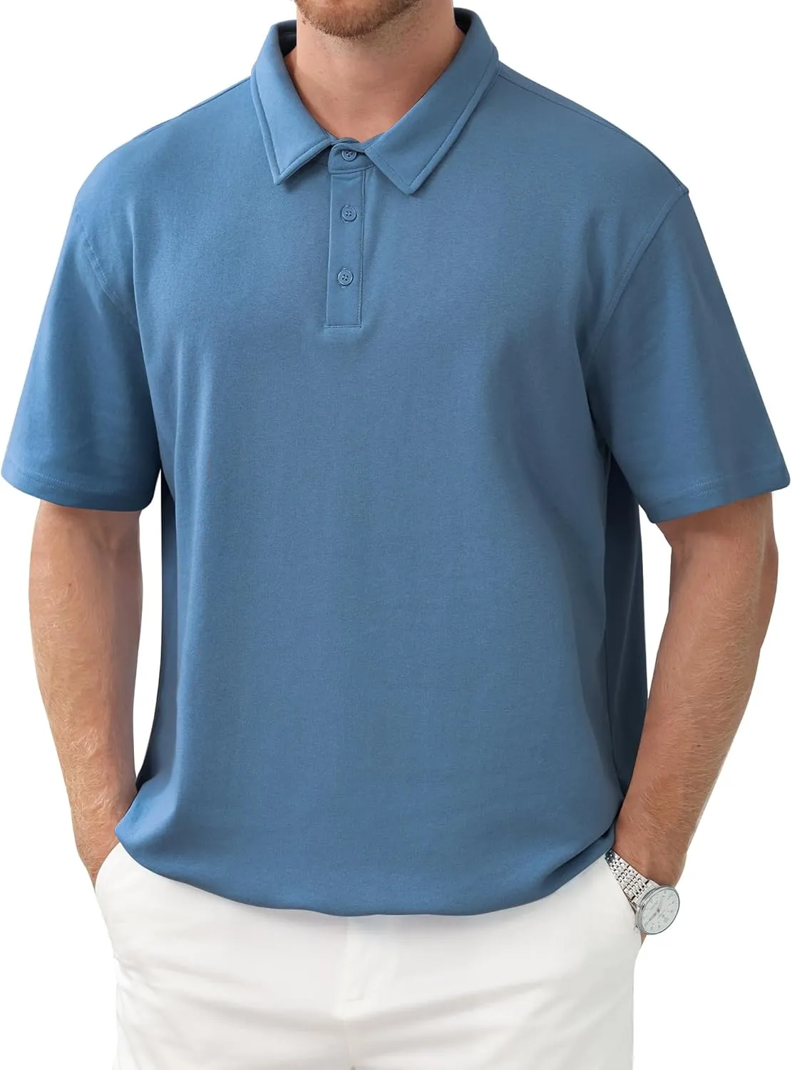 Men's Polo Shirts Short Sleeve Casual Banded Bottom Stretch Button Down Classic Golf Shirts Collared T-Shirt