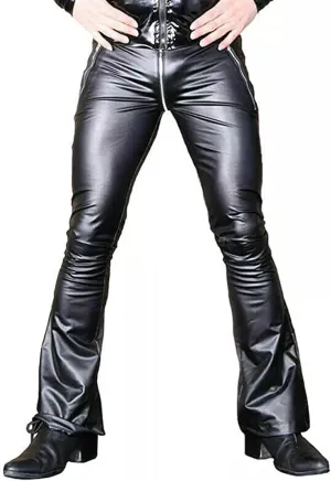 Men's PU Leather Leggings Zipper Crotch Long Pants Bell-Bottoms Motorcycle Flared Trousers