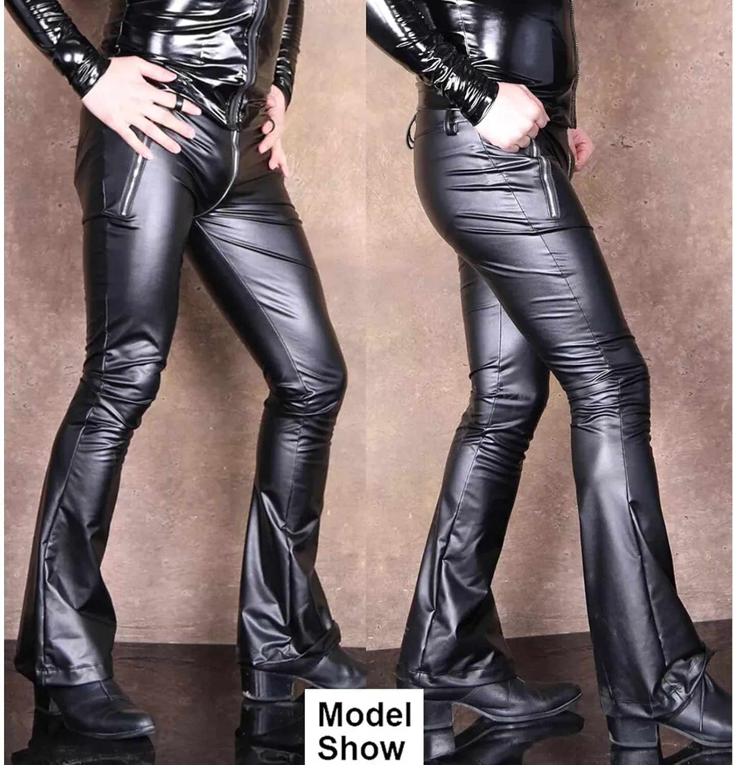Men's PU Leather Leggings Zipper Crotch Long Pants Bell-Bottoms Motorcycle Flared Trousers
