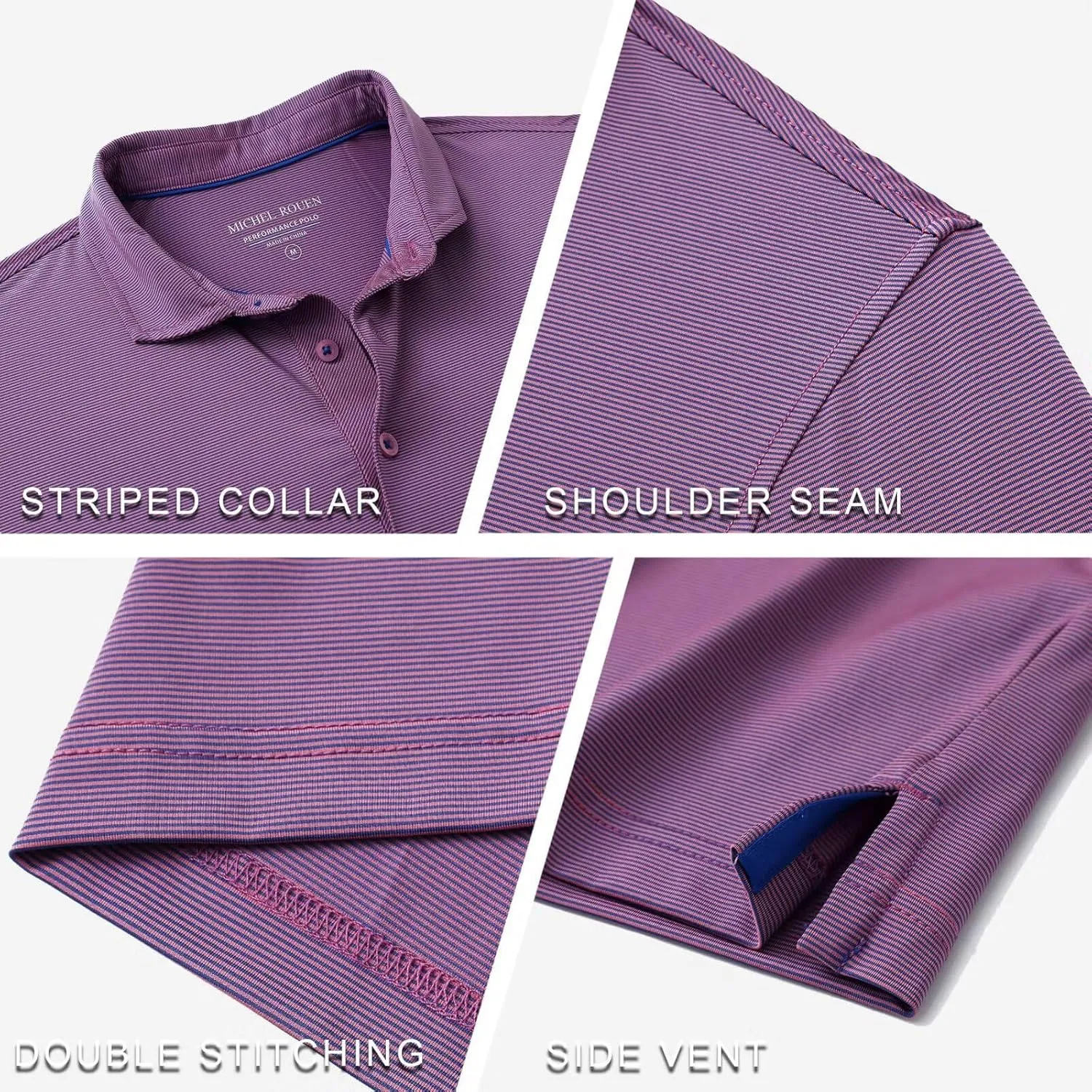 MICHEL ROUEN Golf Shirts for Men Short Sleeve Lightweight Quick Dry Pin Striped Casual Collared Polo Shirts