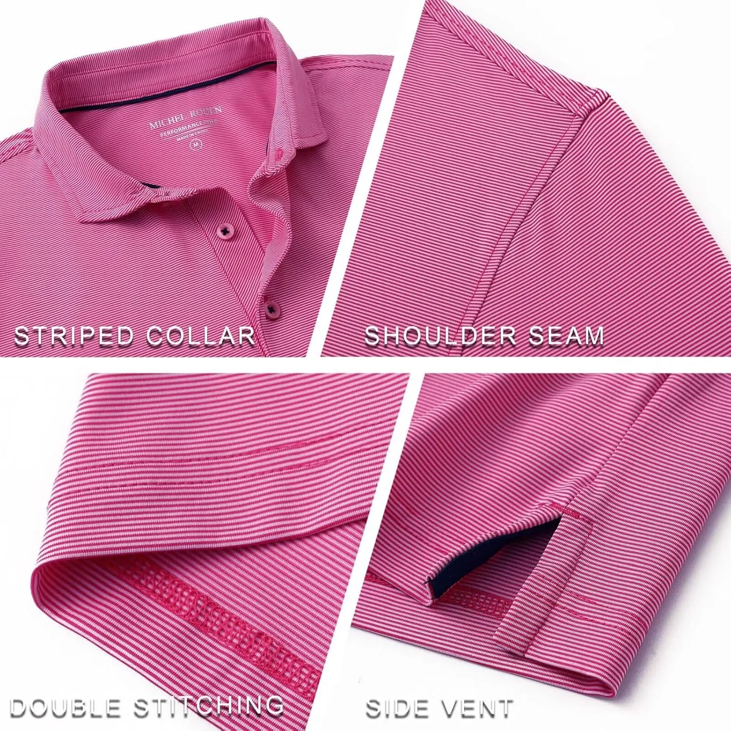 MICHEL ROUEN Golf Shirts for Men Short Sleeve Lightweight Quick Dry Pin Striped Casual Collared Polo Shirts