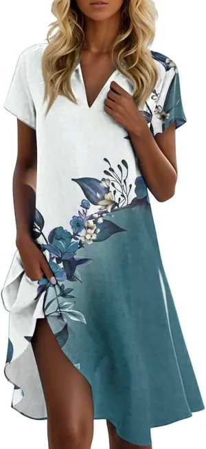 Midi Dress for Women Summer Bohemian Vintage Floral Short Sleeve Lapel V Neck Trendy Beach Collared Tshirt Sundress