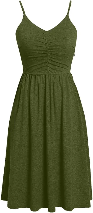 Midi Dresses for Women Sexy Stretch V Neck Empire Waist Summer Beach Cami Dress Casual Spaghetti Strap Ruffle Tank Sundress