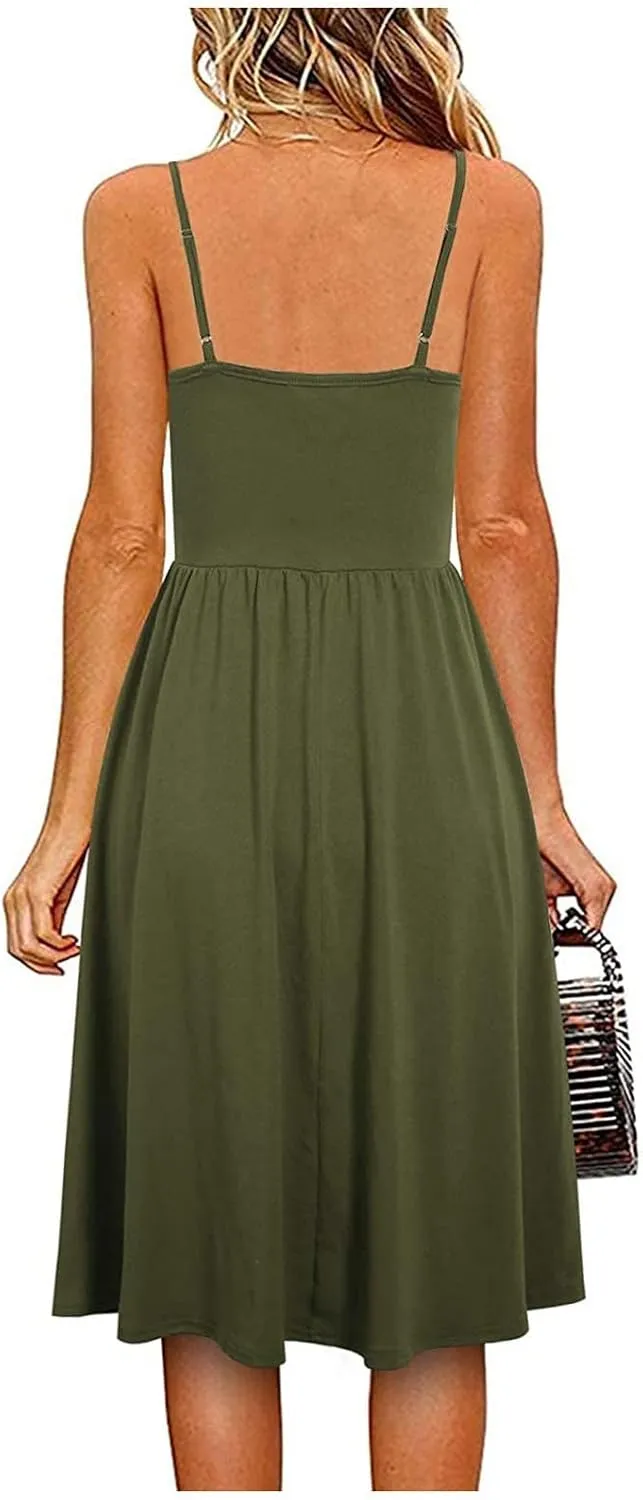 Midi Dresses for Women Sexy Stretch V Neck Empire Waist Summer Beach Cami Dress Casual Spaghetti Strap Ruffle Tank Sundress