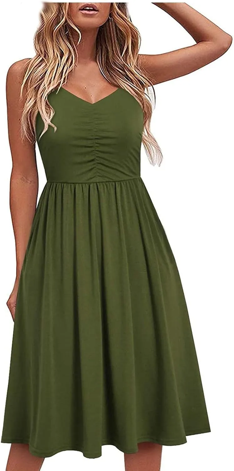 Midi Dresses for Women Sexy Stretch V Neck Empire Waist Summer Beach Cami Dress Casual Spaghetti Strap Ruffle Tank Sundress