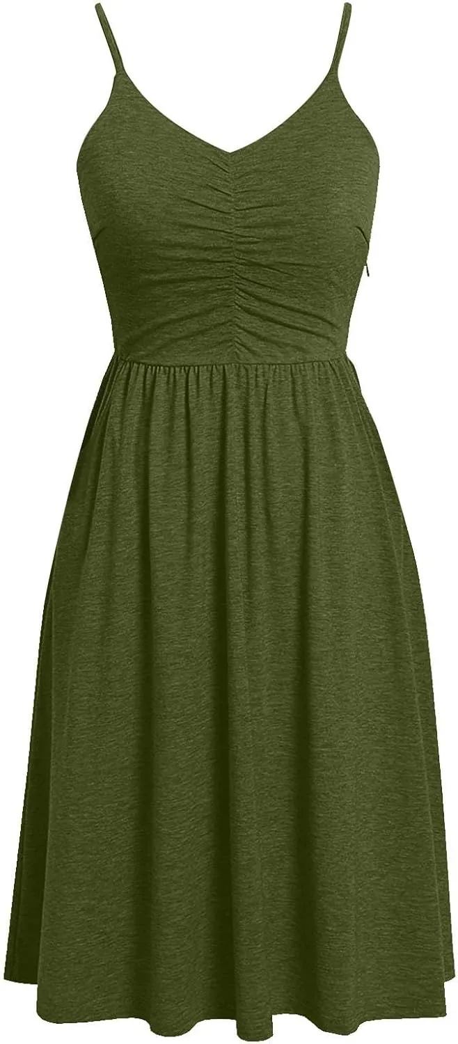 Midi Dresses for Women Sexy Stretch V Neck Empire Waist Summer Beach Cami Dress Casual Spaghetti Strap Ruffle Tank Sundress