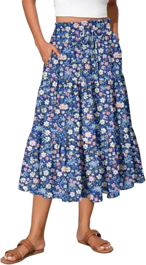 Midi Skirts for Women 2025 Boho Floral Skirts Tiered Ruffle Skirt Flowy A Line High Elastic Waisted Skorts with Pockets