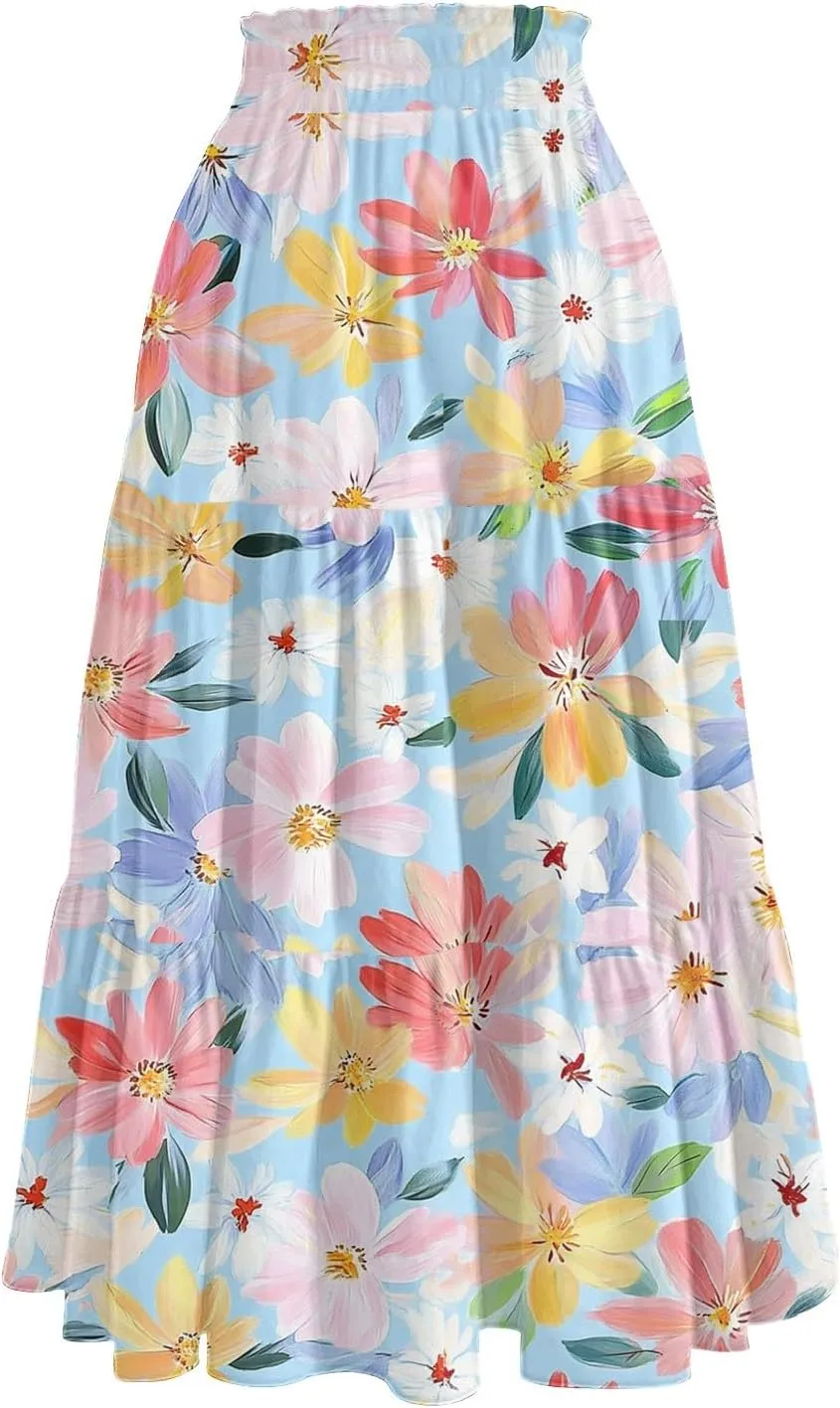 Midi Skirts for Women 2025 Boho Floral Skirts Tiered Ruffle Skirt Flowy High Elastic Waisted A Line Skorts with Pockets