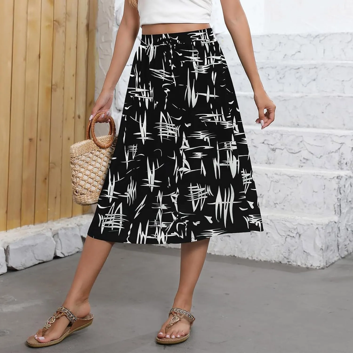 Midi Skirts for Women Knee Length Drawstring High Waisted Boho Floral Skirts Flowy A-Line Beach Skirt with Pockets