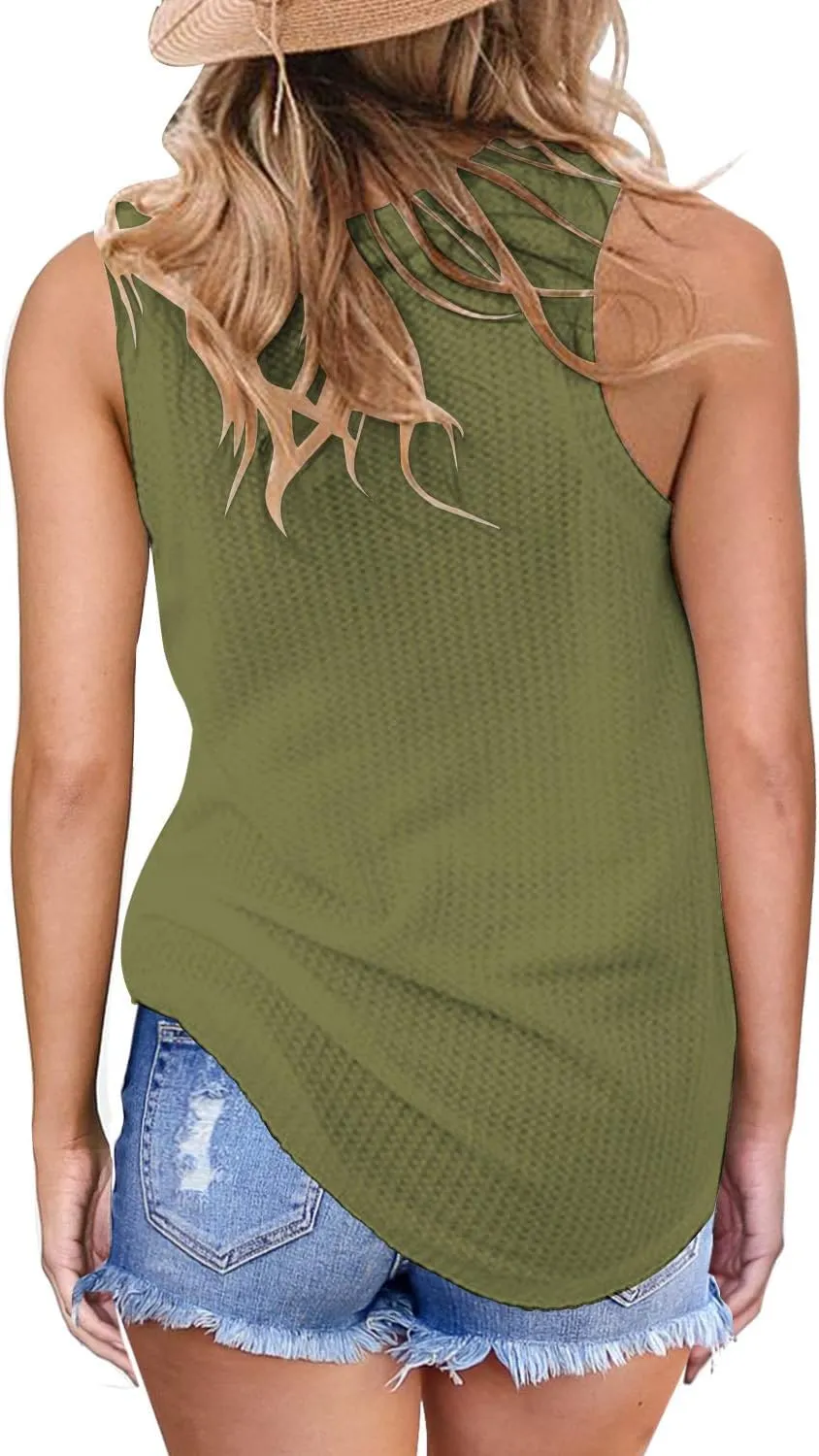 MIHOLL Womens Casual Tops Sleeveless Cute Twist Knot Waffle Knit Shirts Tank Tops