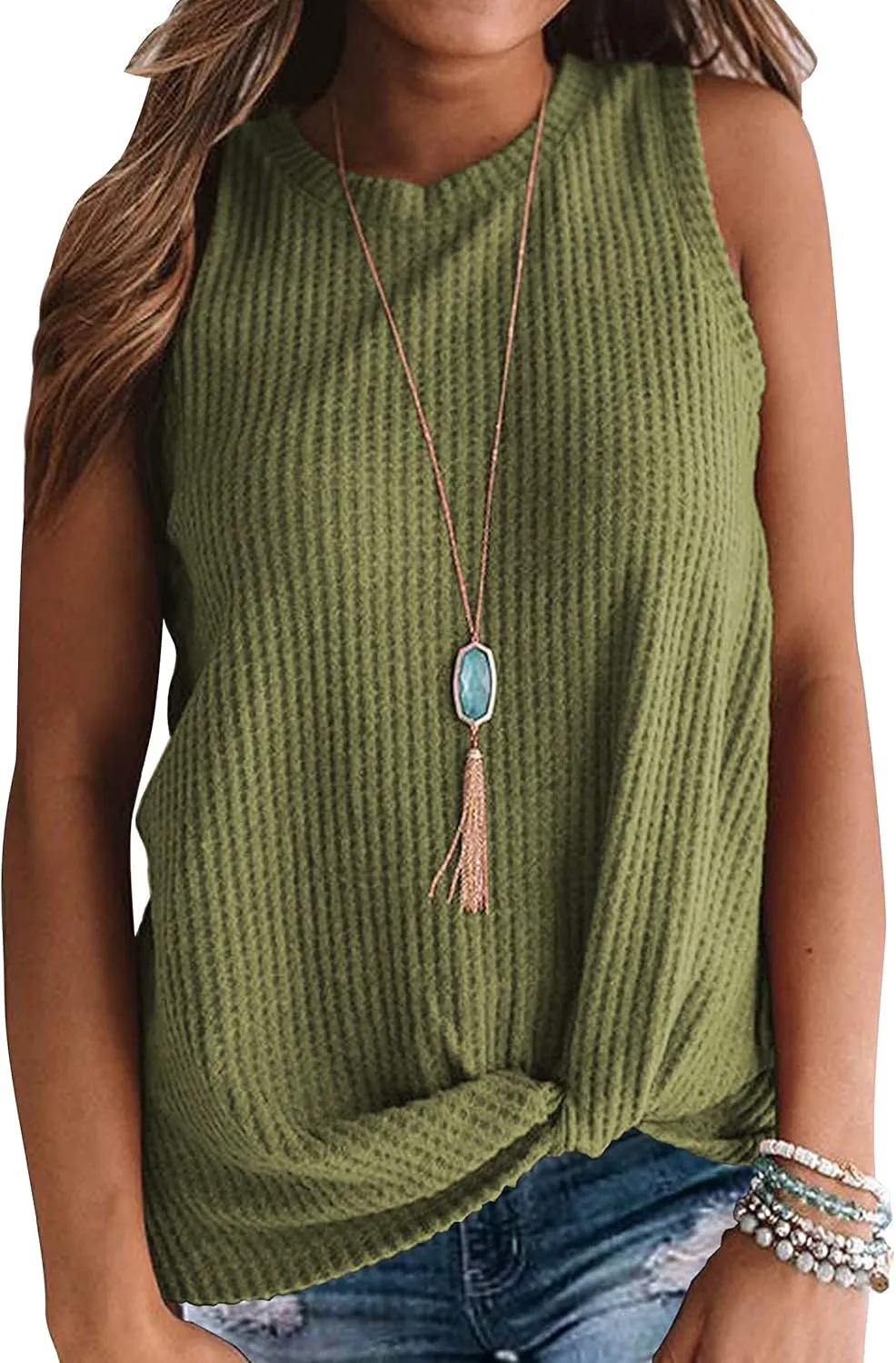 MIHOLL Womens Casual Tops Sleeveless Cute Twist Knot Waffle Knit Shirts Tank Tops