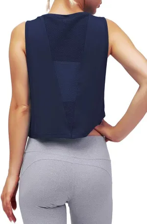 Mippo Womens Mesh Back Workout Crop Tops Loose Fit Gym Running Tank Tops