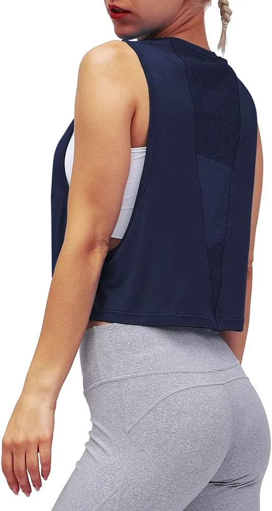 Mippo Womens Mesh Back Workout Crop Tops Loose Fit Gym Running Tank Tops