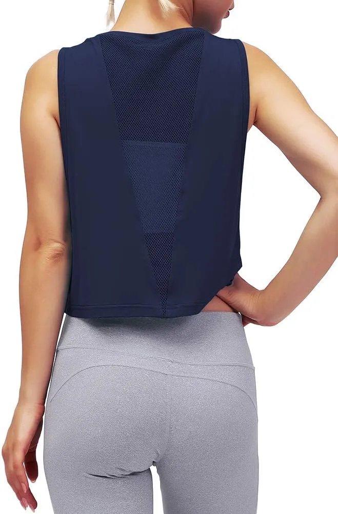 Mippo Womens Mesh Back Workout Crop Tops Loose Fit Gym Running Tank Tops
