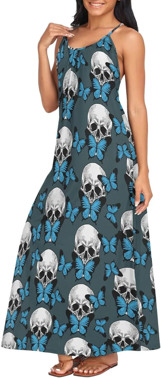 MNSRUU Women Dresses Funny Skulls Sexy Dresses Summer Beach Slip Dresses