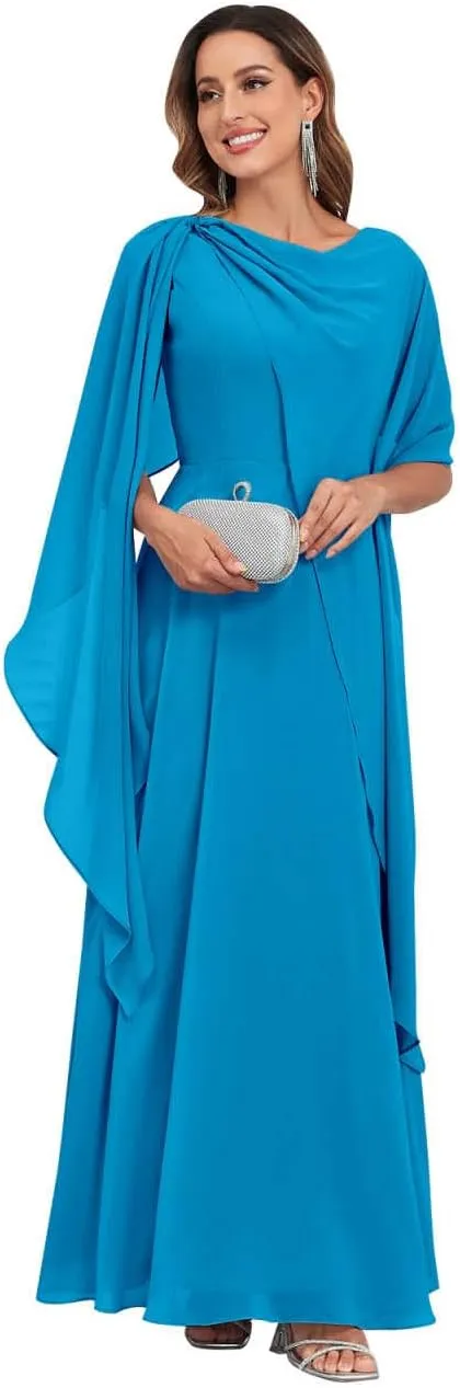 Mother of The Bride Dresses for Wedding Crew Neck A Line Corset Back Chiffon Long Formal Dress with Cape