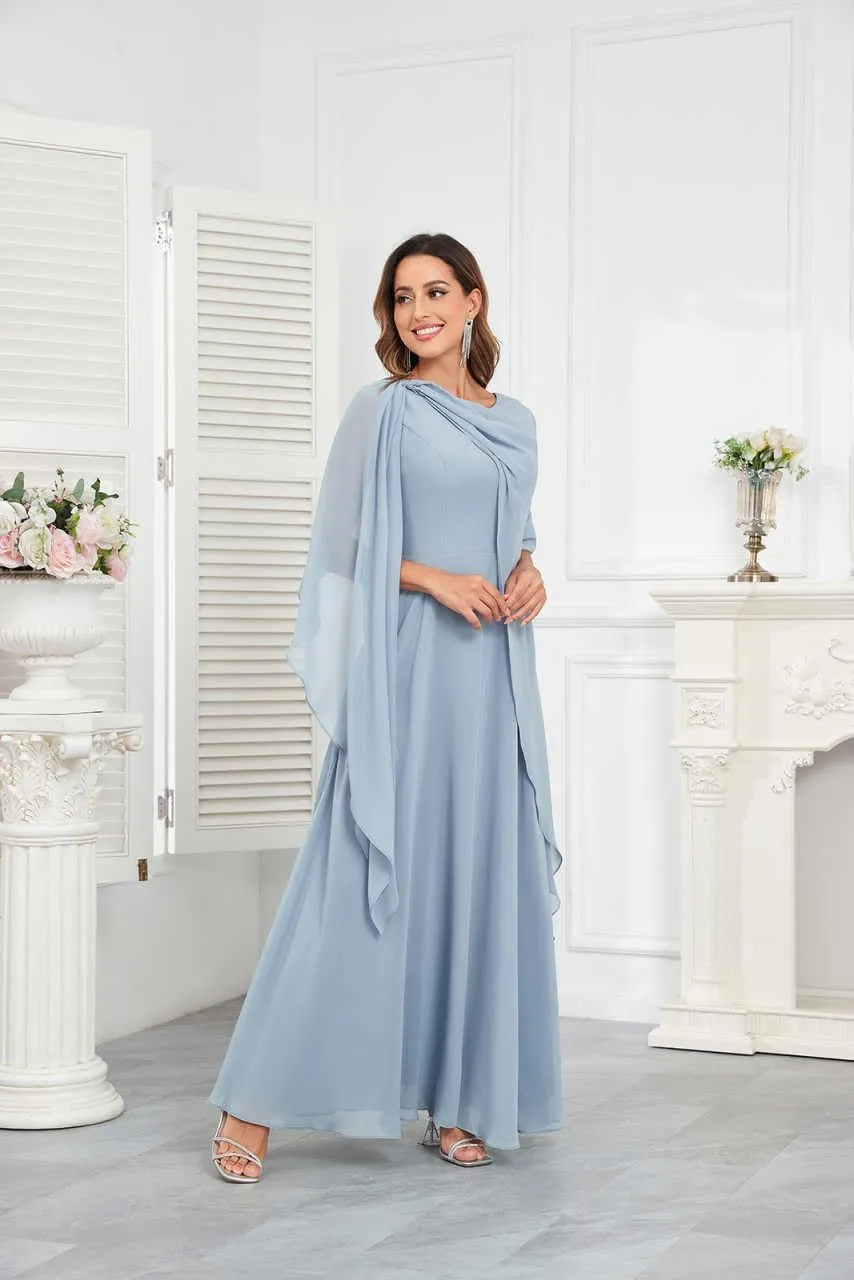 Mother of The Bride Dresses for Wedding Crew Neck A Line Corset Back Chiffon Long Formal Dress with Cape