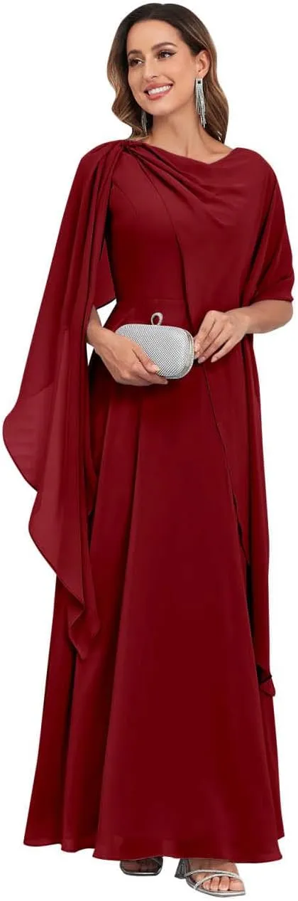 Mother of The Bride Dresses for Wedding Crew Neck A Line Corset Back Chiffon Long Formal Dress with Cape