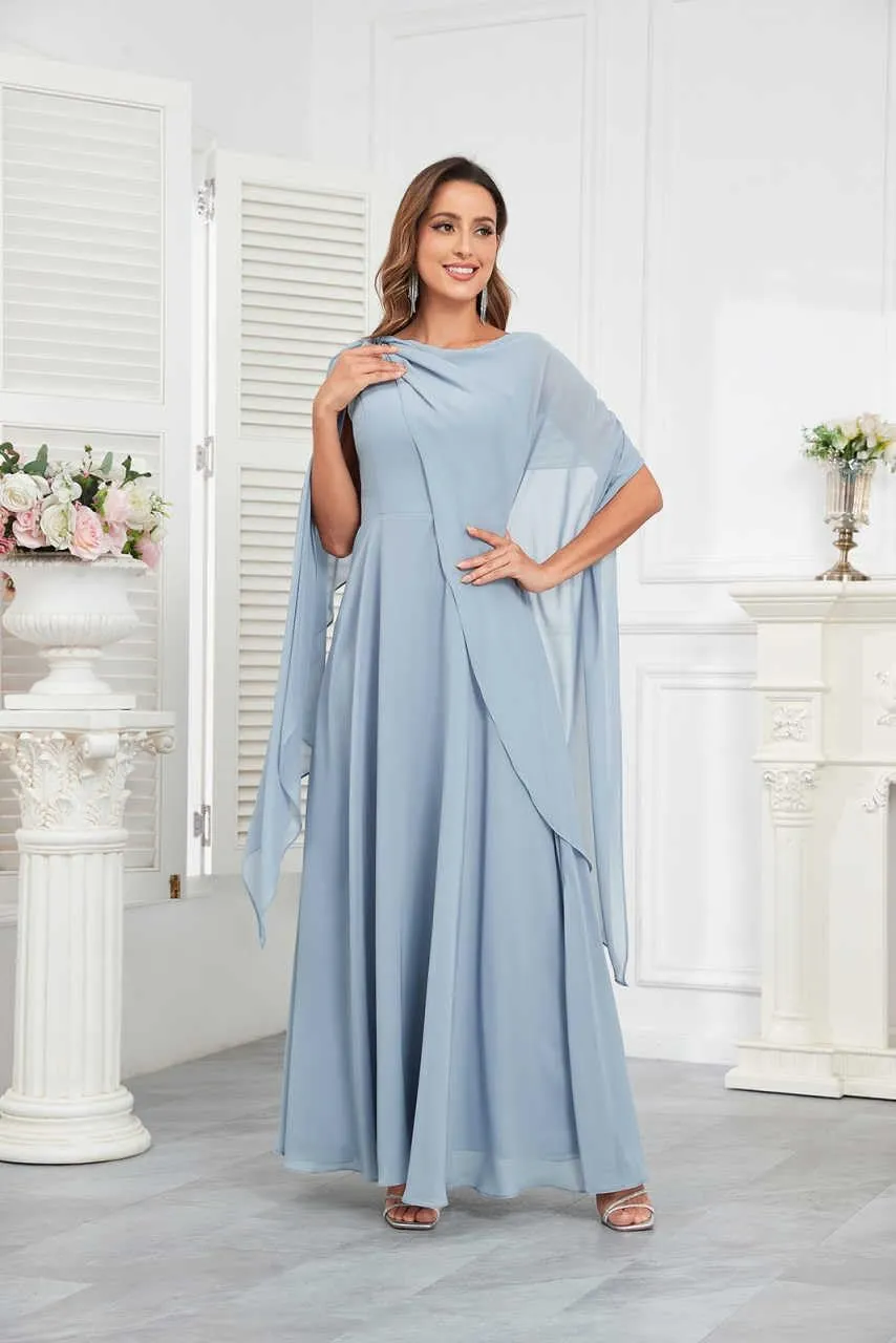 Mother of The Bride Dresses for Wedding Crew Neck A Line Corset Back Chiffon Long Formal Dress with Cape