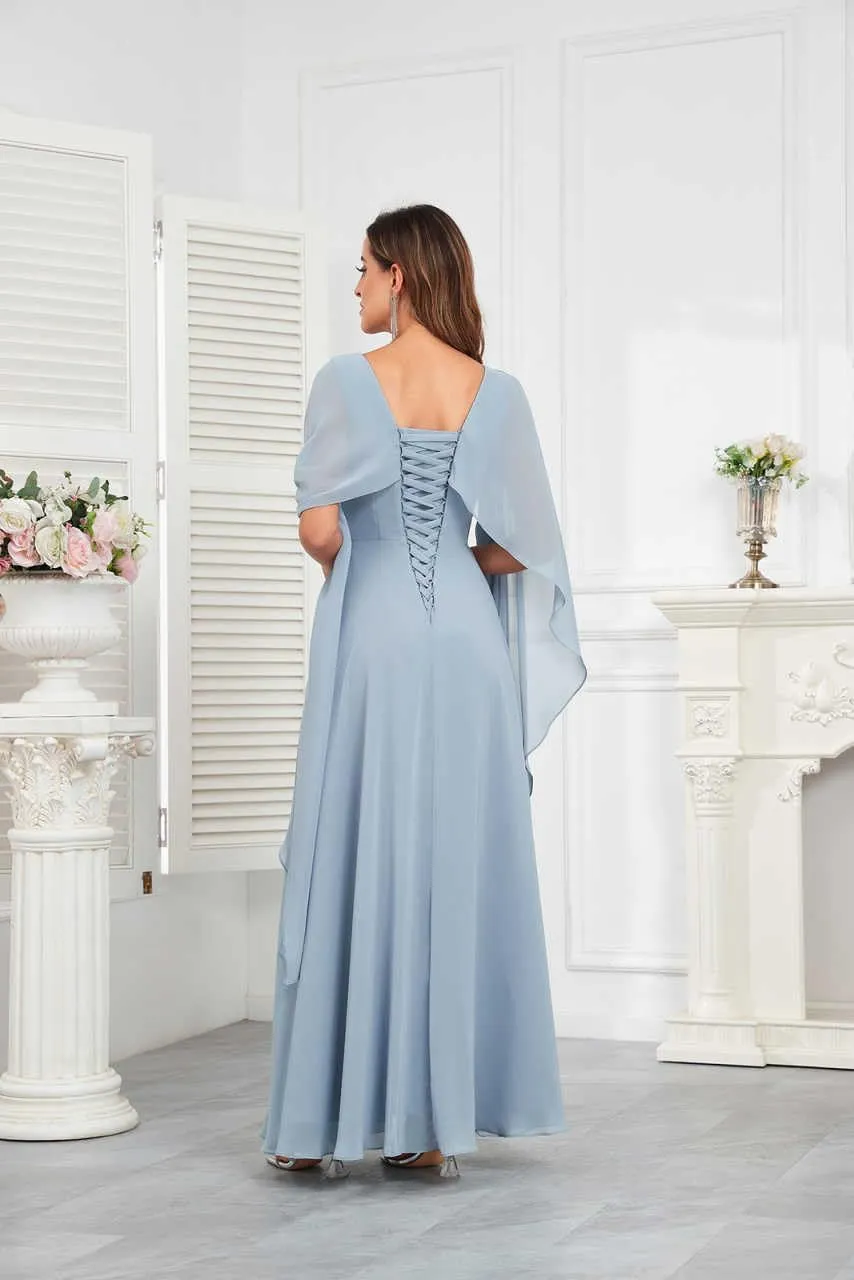 Mother of The Bride Dresses for Wedding Crew Neck A Line Corset Back Chiffon Long Formal Dress with Cape