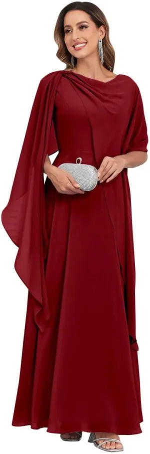 Mother of The Bride Dresses for Wedding Crew Neck A Line Corset Back Chiffon Long Formal Dress with Cape
