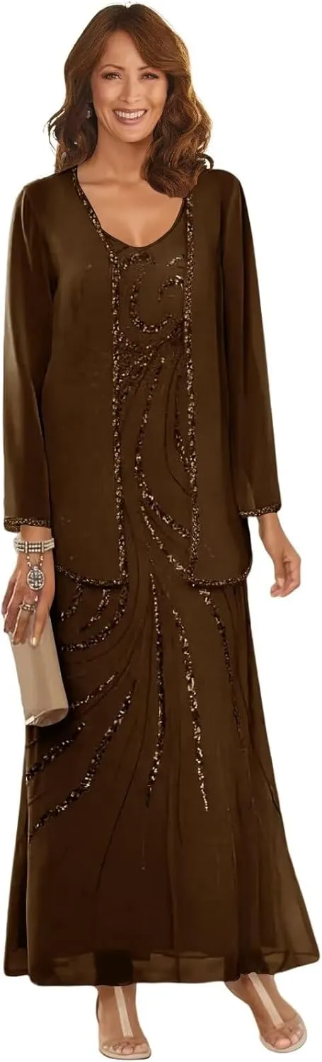 Mother of The Bride Dresses Long Sleeve Lace Sequin Wedding Party Gowns with Jacket
