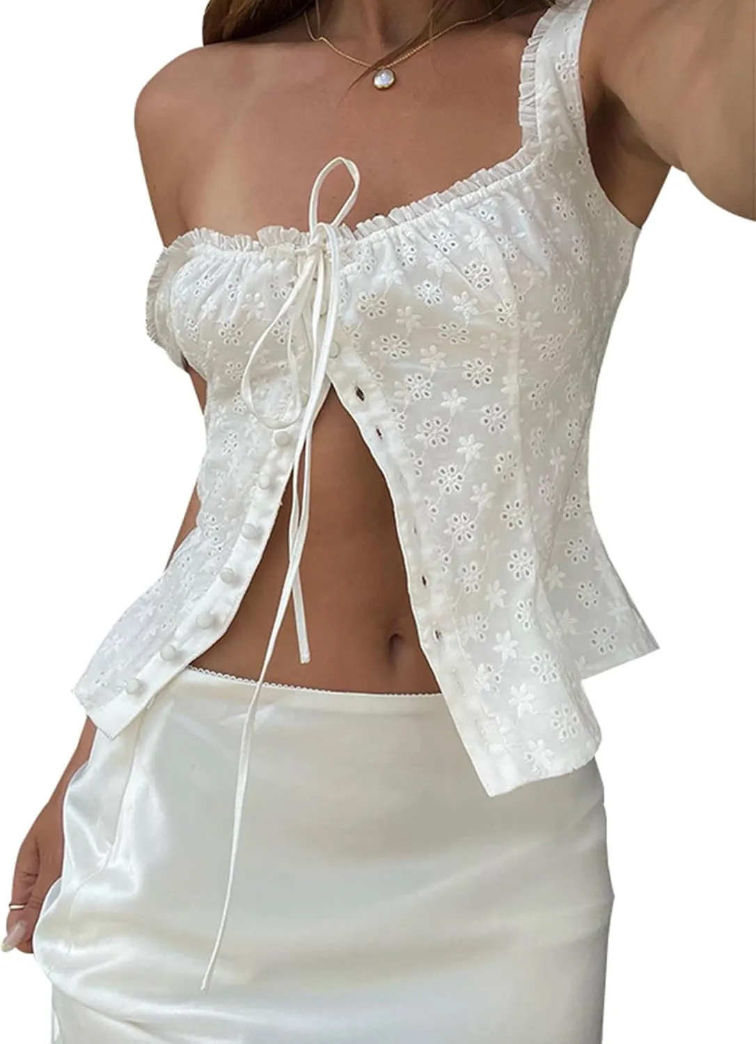 Mxiqqpltky Women Y2K Button Tank Tops Cute Ruffle Trim Bow Tie Sleeveless Crop Tops Elegant Eyelet Cut Out Backless Slim Vest