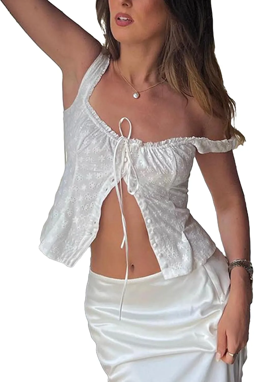 Mxiqqpltky Women Y2K Button Tank Tops Cute Ruffle Trim Bow Tie Sleeveless Crop Tops Elegant Eyelet Cut Out Backless Slim Vest