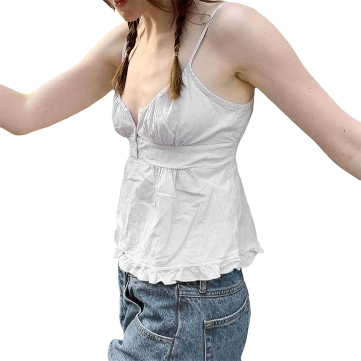 Mxiqqpltky Women Y2k Lace Trim Camisole Sexy Spaghetti Strap V Neck Flowy Crop Tank Tops Fairy Backless Tie Up Slim Cami Top