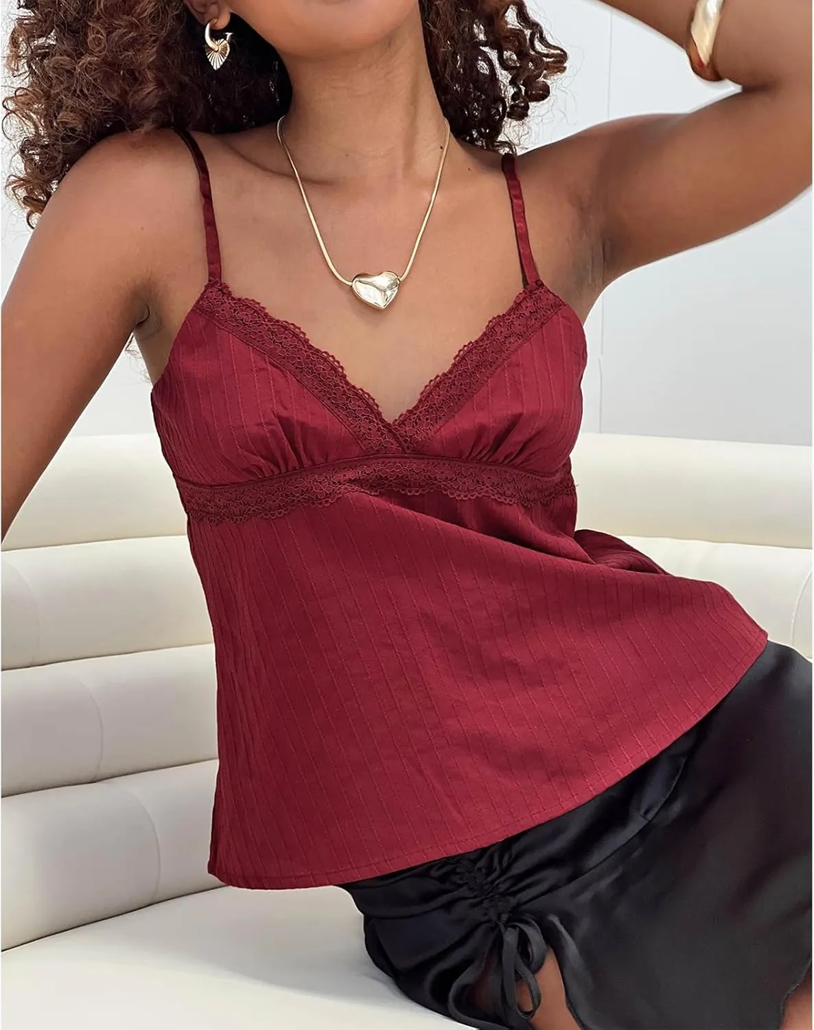 Mxiqqpltky Women Y2k Lace Trim Camisole Sexy Spaghetti Strap V Neck Flowy Crop Tank Tops Fairy Backless Tie Up Slim Cami Top