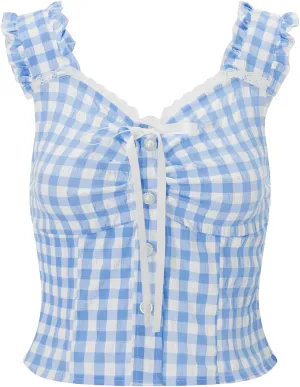 Mxiqqpltky Women Y2K Lace Trim Tank Tops Cute Tie Front Sleeveless Square Neck Button Crop Tops Sexy Plaid Slim Ruffle Vest