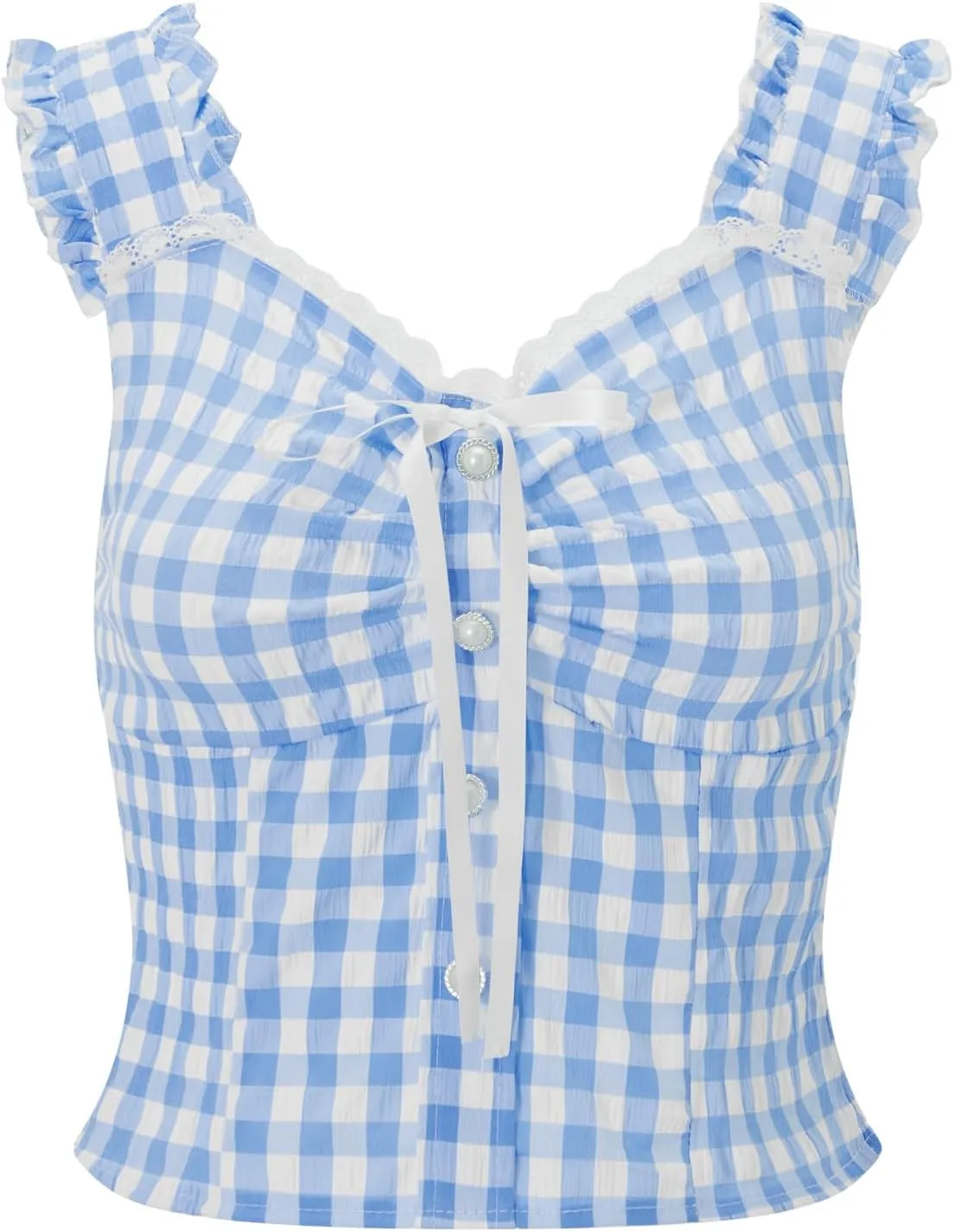 Mxiqqpltky Women Y2K Lace Trim Tank Tops Cute Tie Front Sleeveless Square Neck Button Crop Tops Sexy Plaid Slim Ruffle Vest