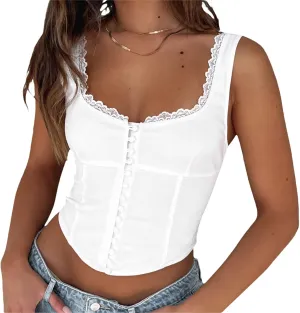 Mxiqqpltky Women Y2K Lace Trim Tank Tops Cute Tie Front Sleeveless Square Neck Button Crop Tops Sexy Plaid Slim Ruffle Vest