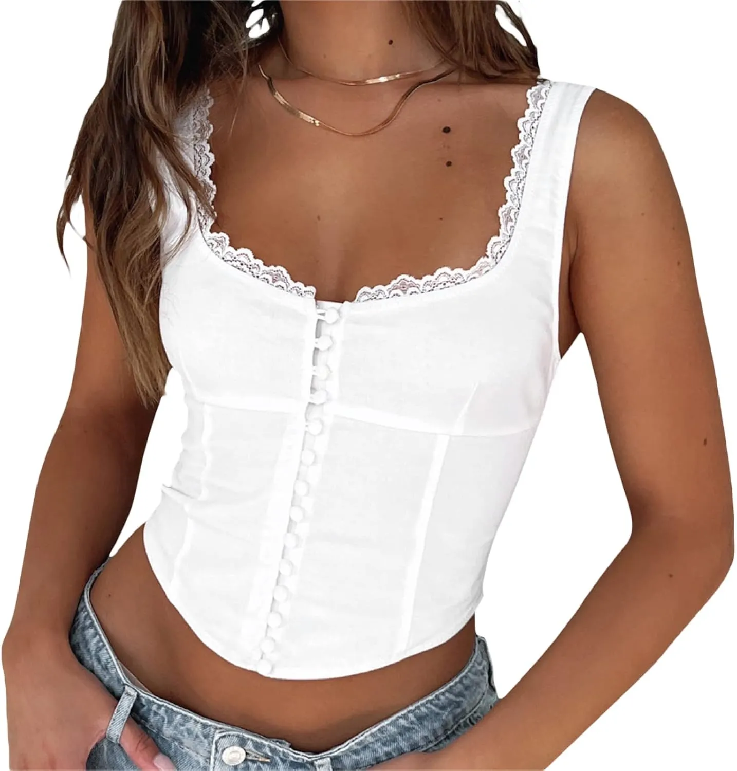 Mxiqqpltky Women Y2K Lace Trim Tank Tops Cute Tie Front Sleeveless Square Neck Button Crop Tops Sexy Plaid Slim Ruffle Vest