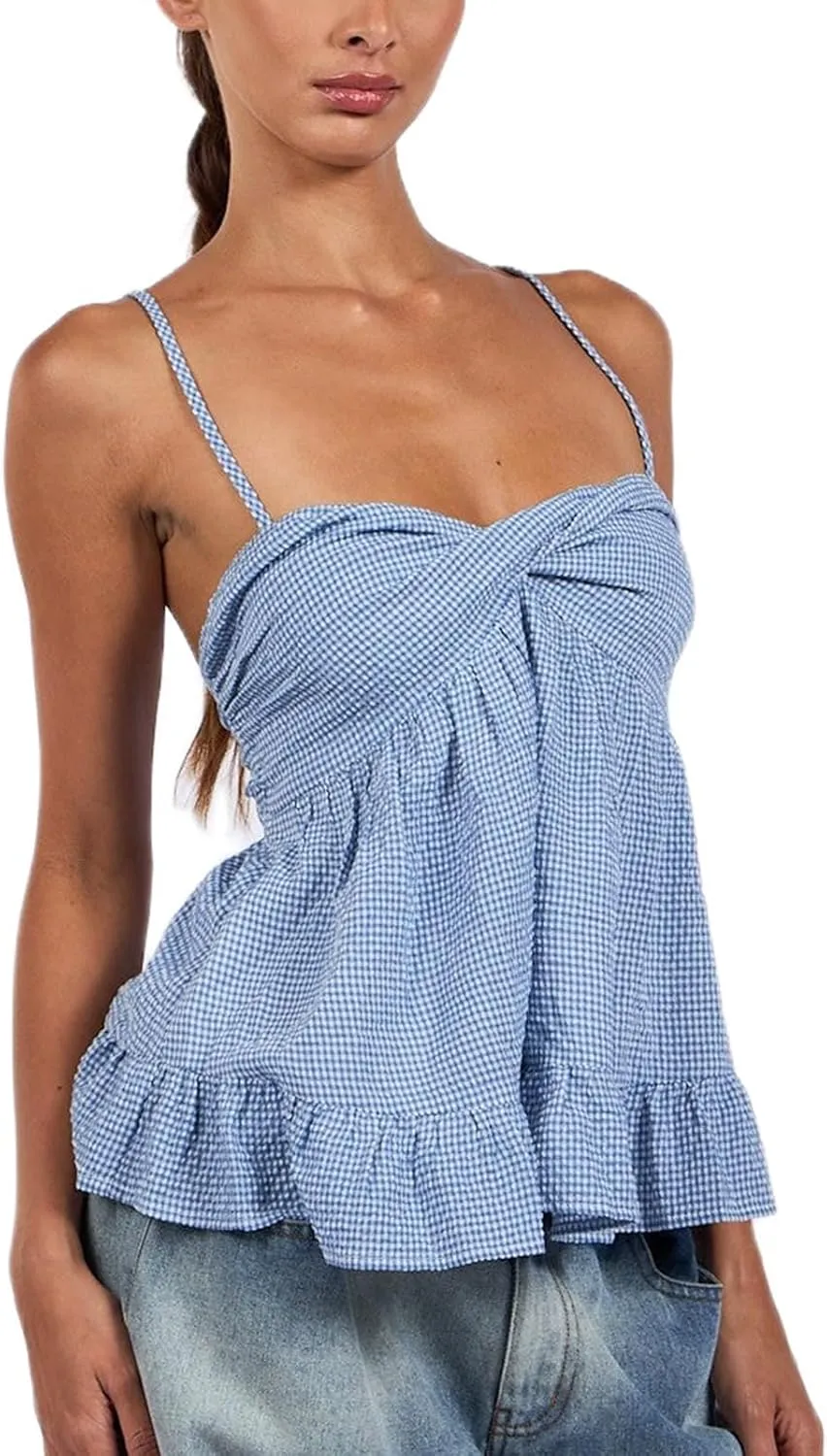 Mxiqqpltky Women Y2k Plaid Babydoll Tank Top Summer Spaghetti Strap Square Neck Ruffle Camisole Cute Flowy Hem Peplum Shirts