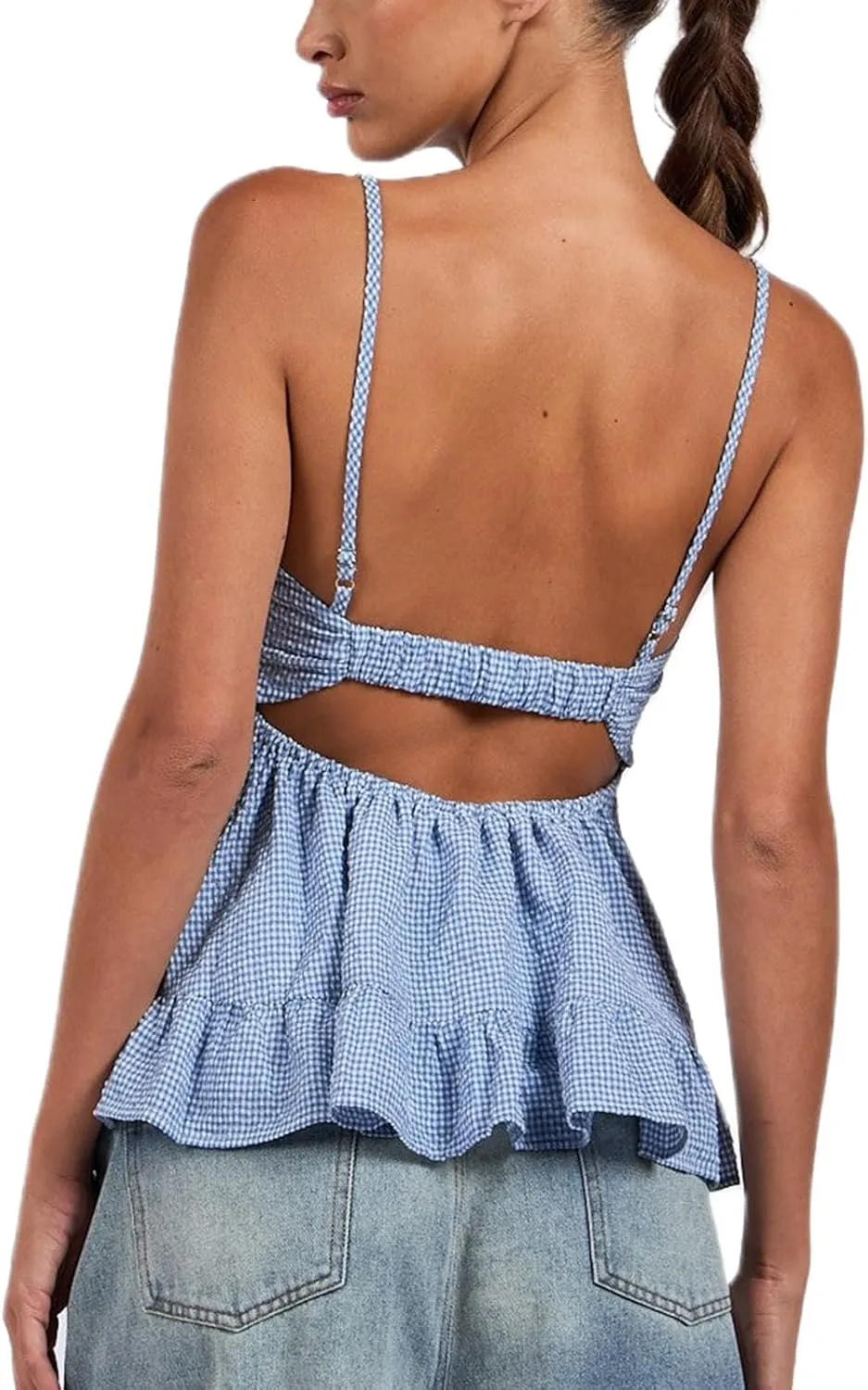 Mxiqqpltky Women Y2k Plaid Babydoll Tank Top Summer Spaghetti Strap Square Neck Ruffle Camisole Cute Flowy Hem Peplum Shirts