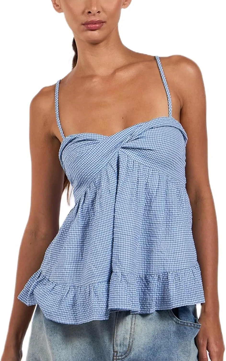 Mxiqqpltky Women Y2k Plaid Babydoll Tank Top Summer Spaghetti Strap Square Neck Ruffle Camisole Cute Flowy Hem Peplum Shirts