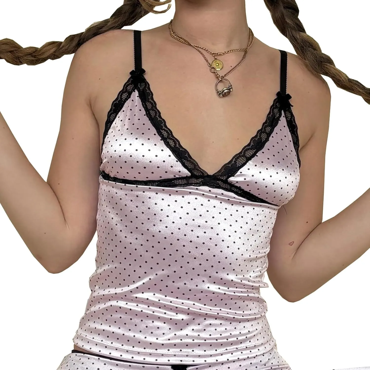 Mxiqqpltky Women's Polka Dot Tank Top Y2K Lace Trim Spaghetti Strap V Neck Slim Fit Cami Tops Sexy Low Cut Backless Camisole