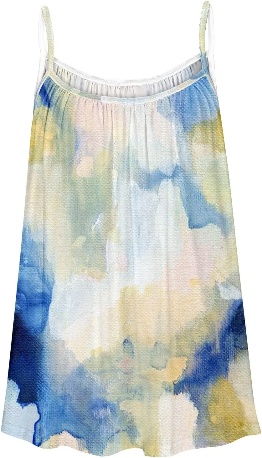 Mzkdieey Tank Tops for Women Pleated Spaghetti Strap Camisole Summer Casual Floral Print Sleeveless Loose Fit Basic Tee Shirt