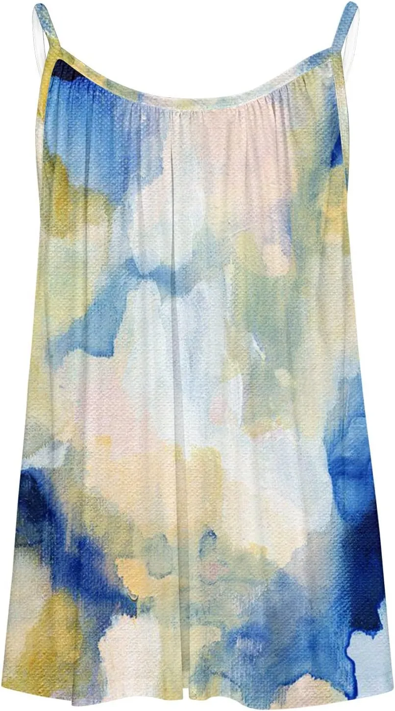 Mzkdieey Tank Tops for Women Pleated Spaghetti Strap Camisole Summer Casual Floral Print Sleeveless Loose Fit Basic Tee Shirt