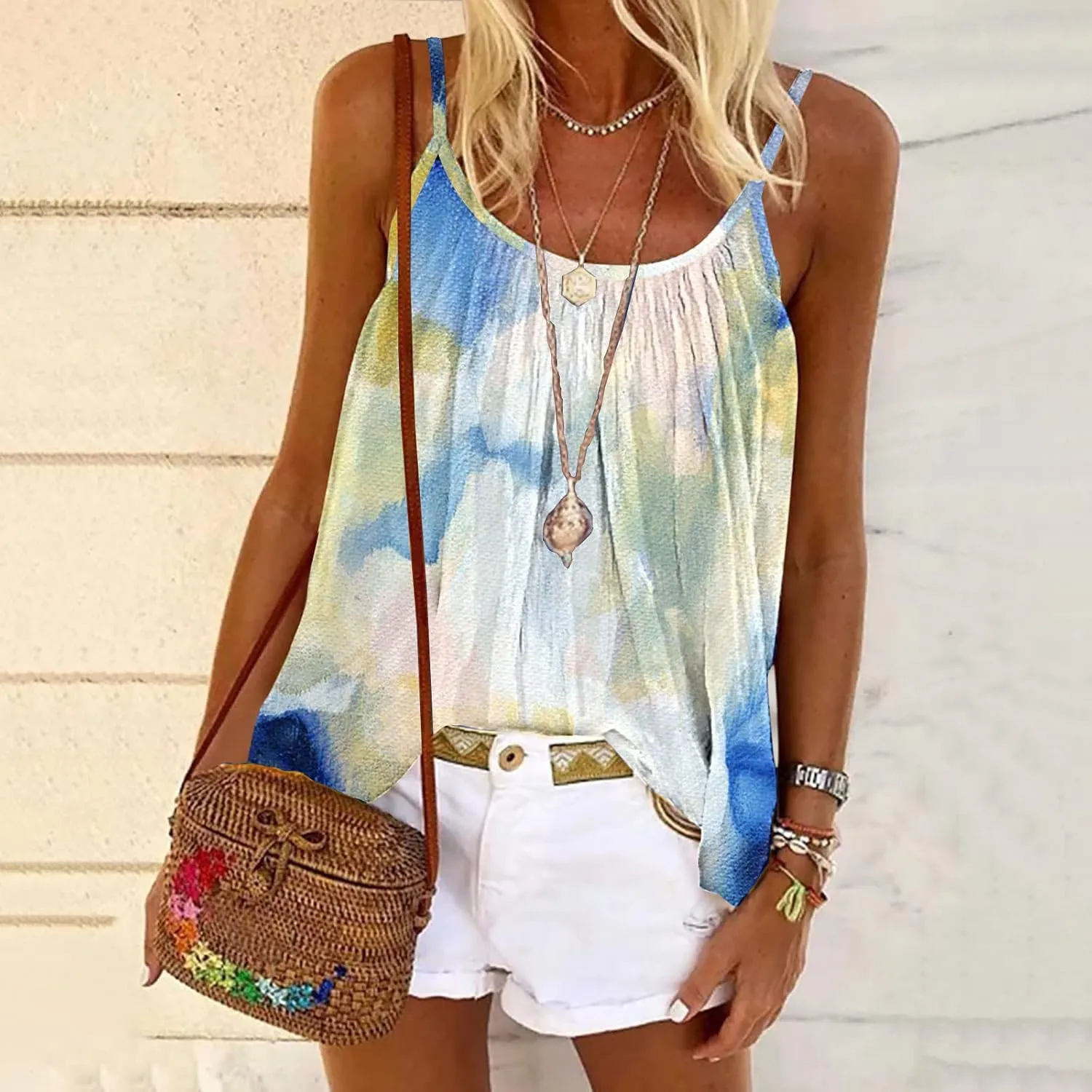 Mzkdieey Tank Tops for Women Pleated Spaghetti Strap Camisole Summer Casual Floral Print Sleeveless Loose Fit Basic Tee Shirt