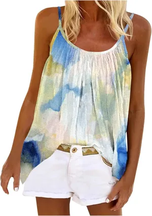 Mzkdieey Tank Tops for Women Pleated Spaghetti Strap Camisole Summer Casual Floral Print Sleeveless Loose Fit Basic Tee Shirt