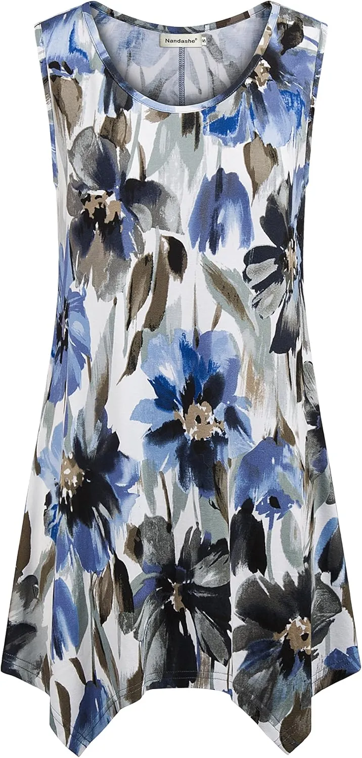 Nandashe Womens Summer Floral Tunic Tank Tops Casual Loose Sleeveless Dressy Blouses