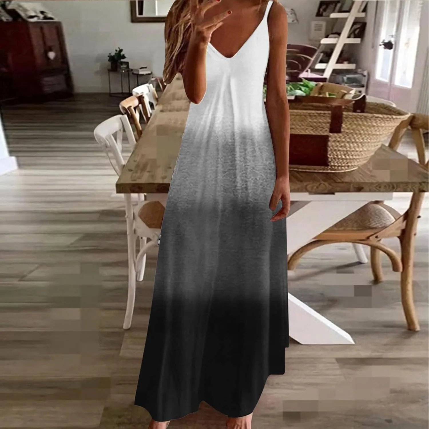 NaRHbrg Women's Ombre Maxi Dress Sleeveless V Neck Casual Loose Fit Flowy Long Sundress Summer Beach Dresses