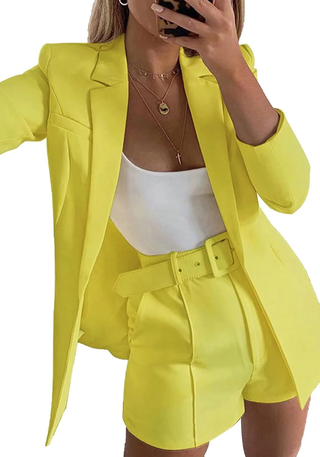 NRTHYE Women 2 Piece Outfits Long Sleeve Blazer & Short Suits Casual Tops & Bottoms Set