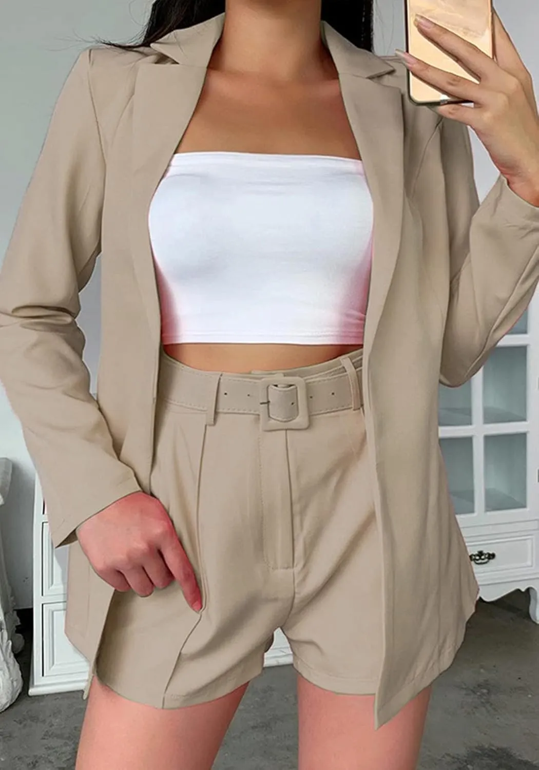 NRTHYE Women 2 Piece Outfits Long Sleeve Blazer & Short Suits Casual Tops & Bottoms Set