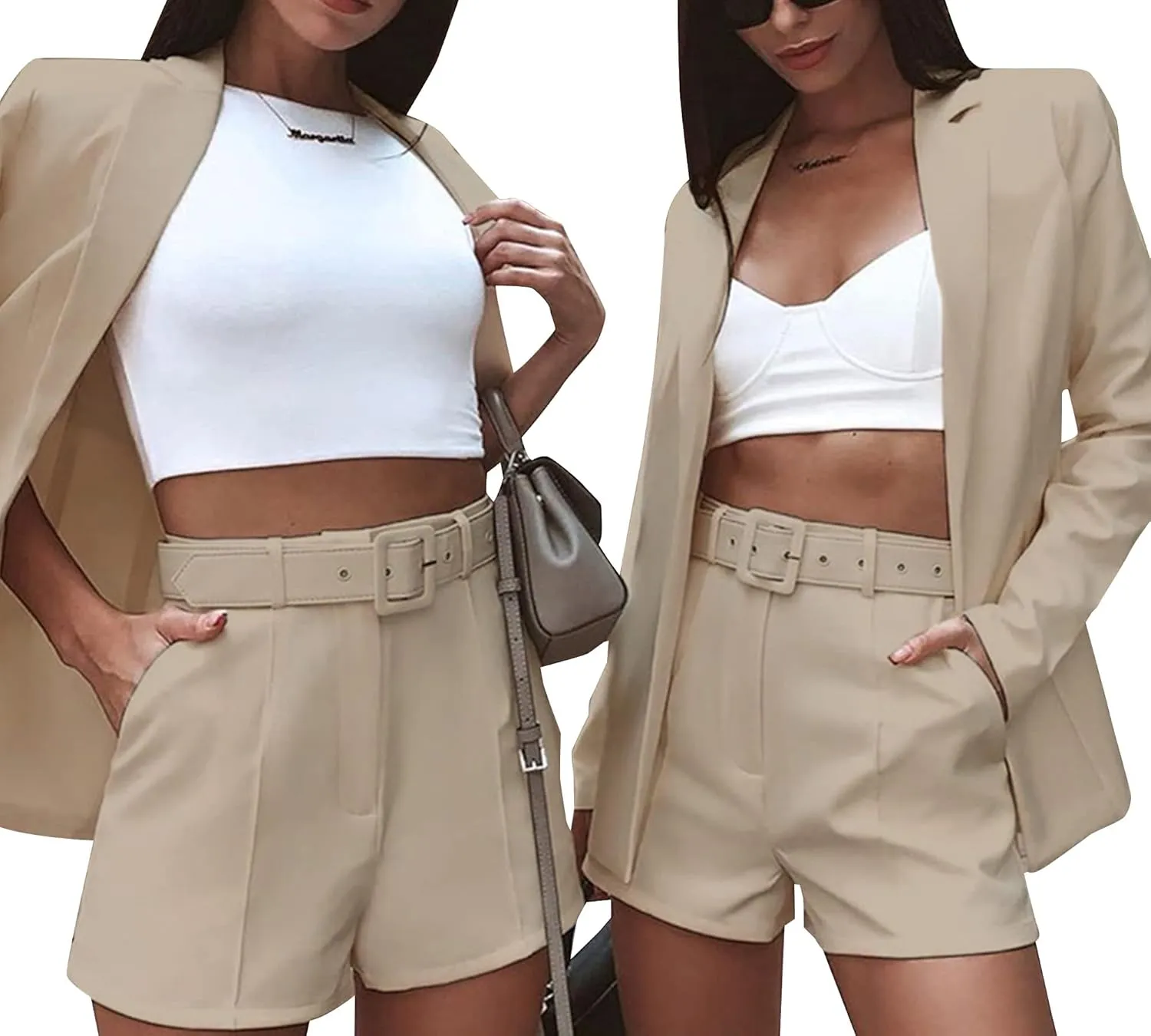 NRTHYE Women 2 Piece Outfits Long Sleeve Blazer & Short Suits Casual Tops & Bottoms Set